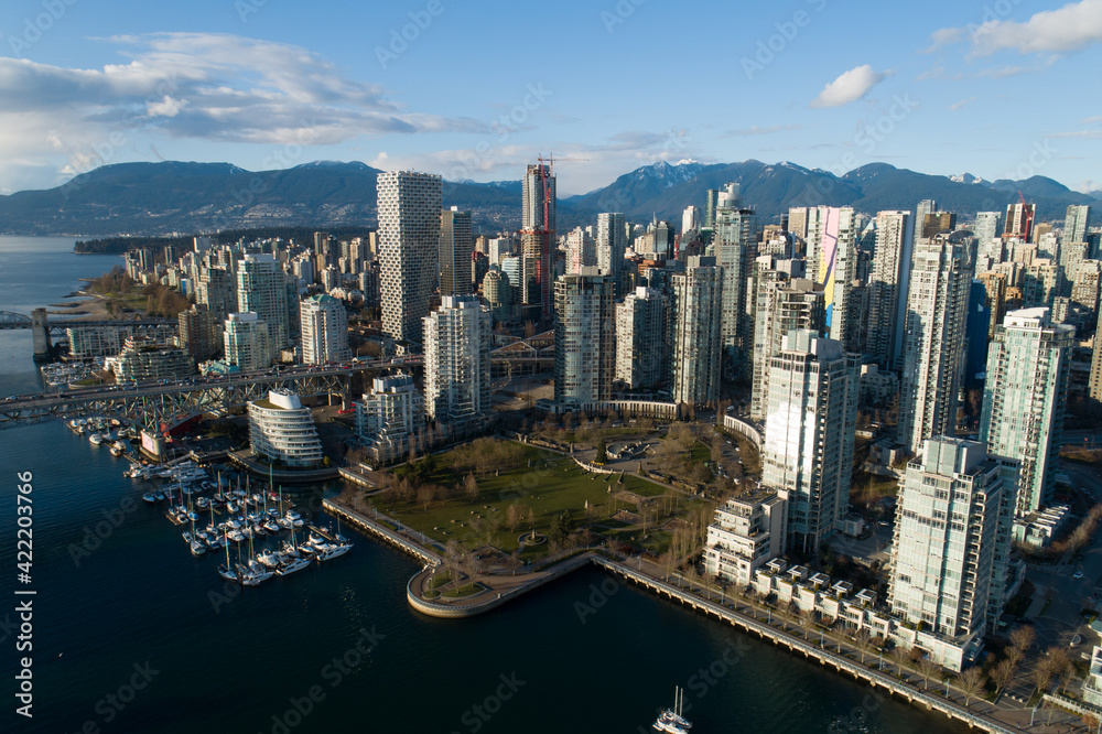 Aerial view of Vancouver, BC just before sunset