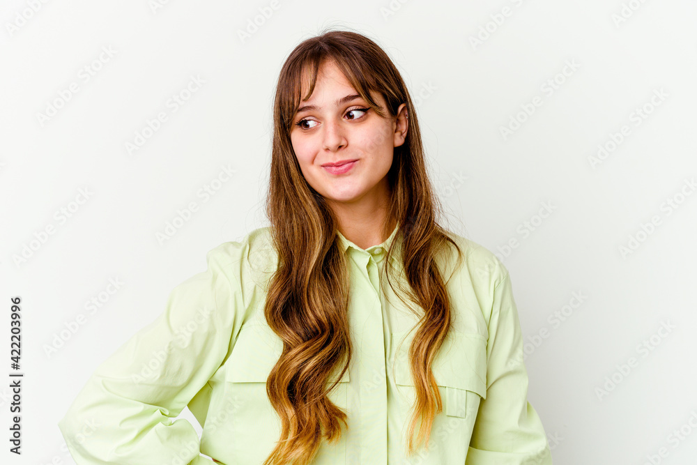 Young caucasian cute woman isolated on white background dreaming of achieving goals and purposes Young caucasian cute woman isolated on white background dreaming of achieving goals and purposes