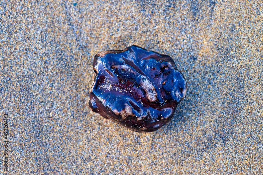 Jetsam and flotsam, a black opalescent stone deposited by the sea on a sandy beach. Jetsam and flotsam, a black opalescent stone deposited by the sea on a sandy beach.