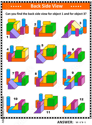 Educational math puzzle with building blocks objects (suitable both for children and adults): Can you find the back side view for object 1 and for object 3? Answer included.
