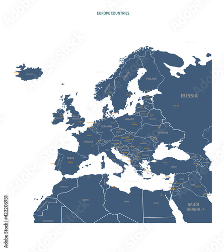 A detailed map of Europe. European map vector with country and capital name.