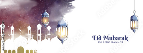 Eid mubarak islamic background with brush and watercolor style