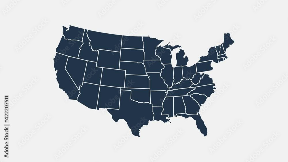 Map of United States of America showing different states. Animated usa contiguous lower 48 u.s. state map on an isolated chroma key background.