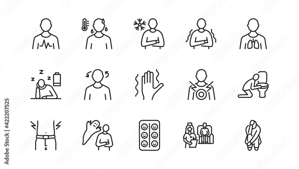 Panic attack symptoms flat line icon set. Vector illustration psychological illness characterized by dizziness, vomiting, heart palpitations, fear of death. Editable strokes Panic attack symptoms flat line icon set. Vector illustration psychological illness characterized by dizziness, vomiting, heart palpitations, fear of death. Editable strokes