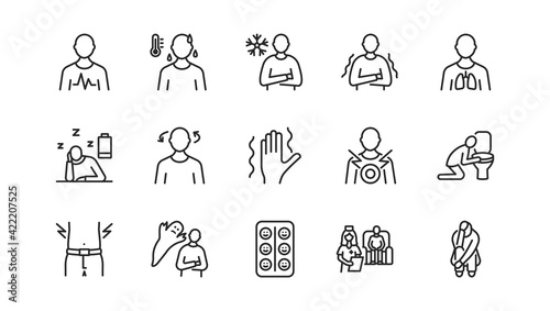 Panic attack symptoms flat line icon set. Vector illustration psychological illness characterized by dizziness, vomiting, heart palpitations, fear of death. Editable strokes photo