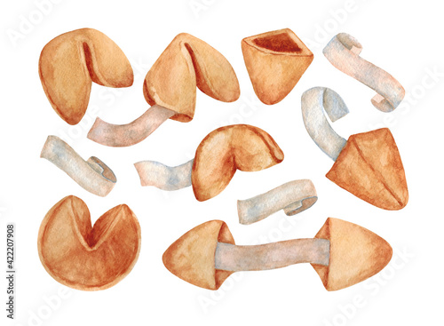 Chinese fortune cookies. Set of watercolor cliparts isolated on white background. Drawn by hand.