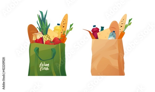 Recyclable eco shopping bags and cotton mesh with food. Shoppers made of  paper, fabric. Zero waste concept.