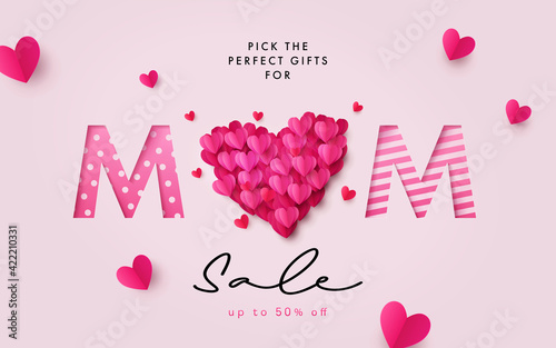 Mothers Day Sale banner. Holiday background with big heart made of pink and red Origami Hearts on soft pink background with paper cut Mom text. Design for fashion ads, poster, flyer, card, website