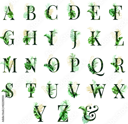 alphabet with tropical leaves for inviting design