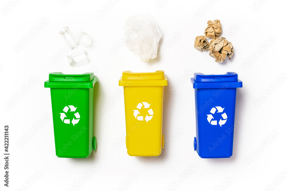 Separation recycle. Yellow, green, blue dustbin for recycle plastic, paper  and glass can trash isolated on white background. Bin container for  disposal garbage waste and save environment. Stock Photo | Adobe Stock