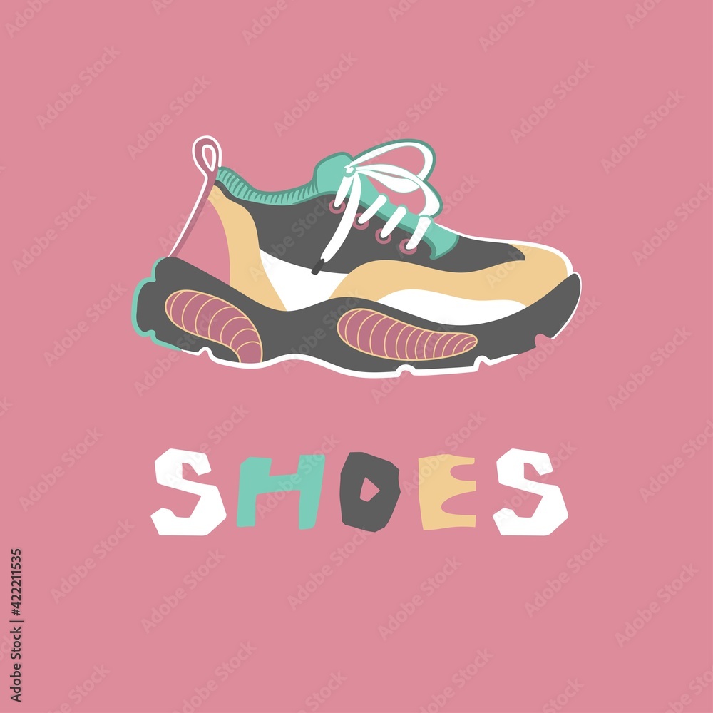 Sneaker in vector illustration, quote shoes isolated on pink background. Boots, footwear design. Poster, print, ornament. Pink, white, gray, beige colors. Sport, casual, life style. Text, lettering.