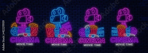Set of cinema neon logos design. Movie time. Night glowing cinema icons and logos. Neon signboards layout collection.