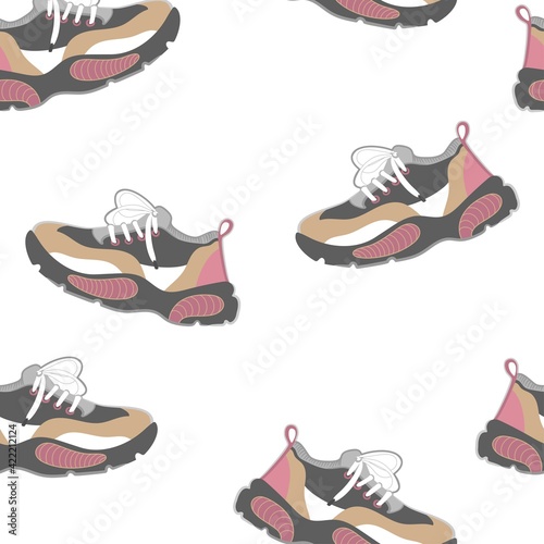 Seamless Pattern with Sneakers in vector illustration on white background. Boots, footwear design. Poster, print, ornament. Pink, white, gray, beige colors. Sport, casual, life style.