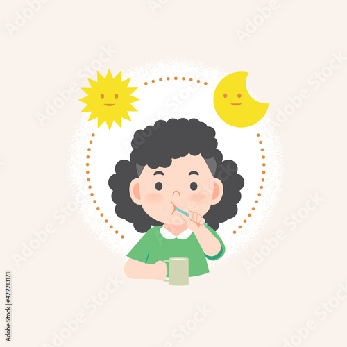 a asian girl cleaning his teeth with toothbrush by brushing teeth with circle and sun and moon, meaning is daily routine daytime and nighttime brushing teeth. illustration vector on white background.