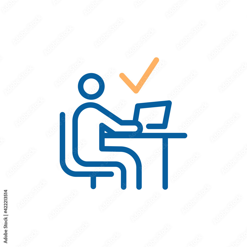 Person working with his computer at the desk. Vector thin line icon design illustration. Working remotely or business workspace, home office on coronavirus pandemic lockdown quarantine Person working with his computer at the desk. Vector thin line icon design illustration. Working remotely or business workspace, home office on coronavirus pandemic lockdown quarantine