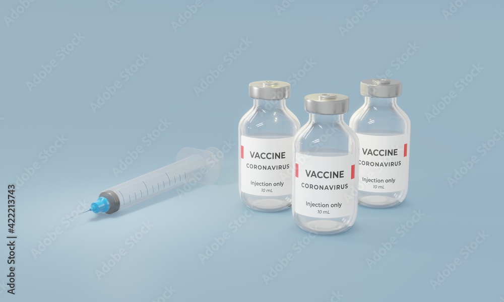 Vials with corona virus vaccine on light background. Space for text. 3d illustration Vials with corona virus vaccine on light background. Space for text. 3d illustration