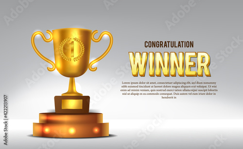 golden trophy with golden on the cylinder goladen stage. winner announcement on stage for olympic or sport game. poster template. champion for victory
