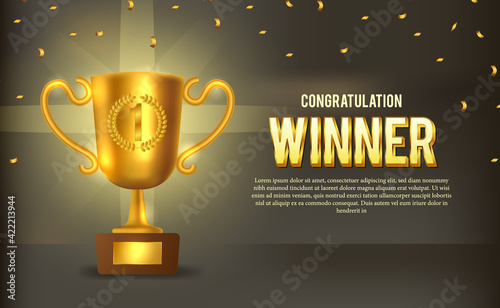 golden trophy with golden confetti and dark background. winner announcement on stage for olympic or sport game. poster template. champion for victory.