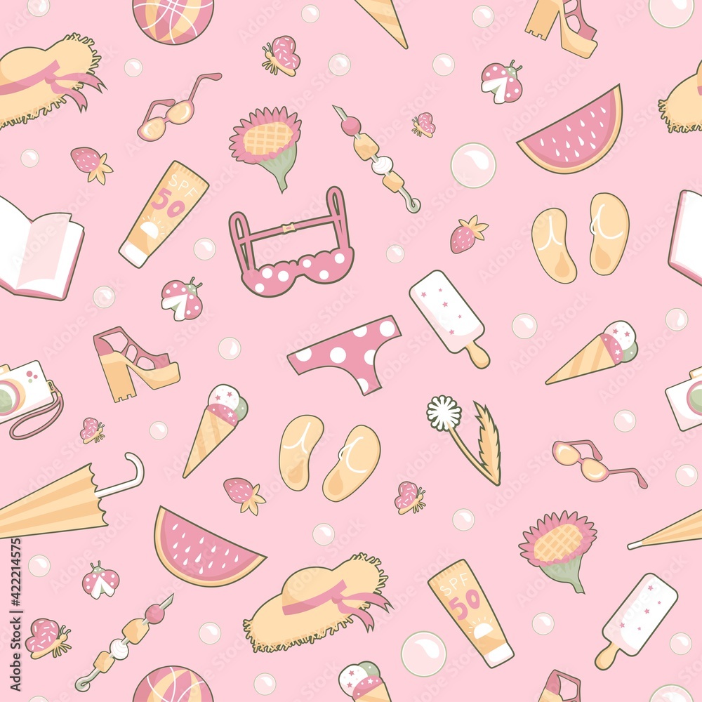 Pattern summer attributes: ball, ice cream, butterfly, umbrella, hat, spf 50 cream, book, swimsuit, watermelon, strawberry, photograph, shoes, sandals, glasses, kebab, ladybug. Vector illustration.