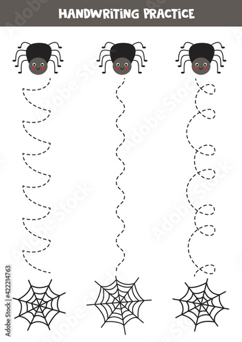 Trace the lines with cute spider and its web. Writing practice.