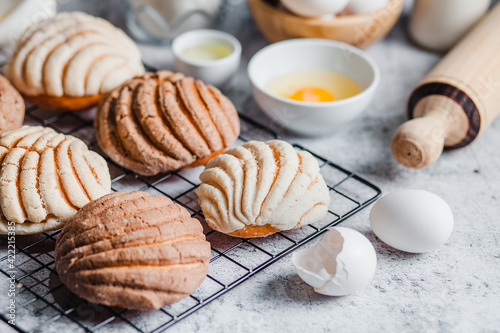 conchas mexican bread top view baking ingredients in Mexico