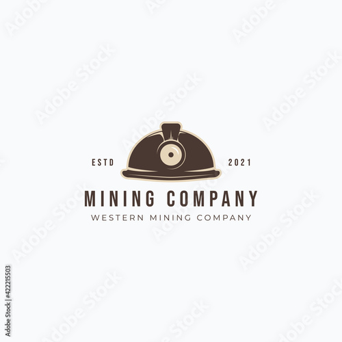 Vector illustration of miners hard hat with lamp. Vintage mining hard hat logo design