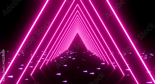 Fototapeta Naklejka Na Ścianę i Meble -  3d render of abstract pink neon triangle light with glowing lines on dark background.