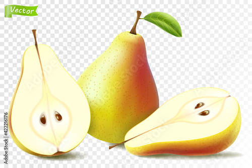 Pear whole and half for organic food Vector3d realistic, drink product design. Fresh sweet fruit full of vitamins for healthy eating, diet. Natural product, fruity ripe dessert.