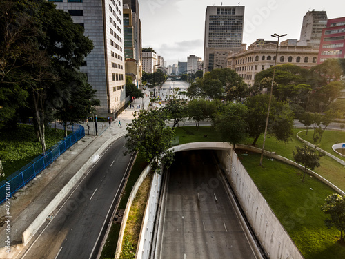 View of the Anhangabau tunnel exit with the Anhangabau Valley in the background, during the lockdown, to prevent Covid-19 in downtown Sao Paulo