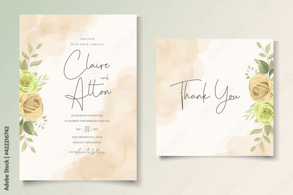 Modern wedding invitation design with colorful blooming floral