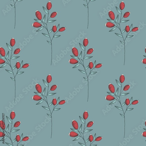 Red Rosehips with flowers and berries seamless pattern for tea. Black and white Graphic drawing  engraving style. hand drawn illustration on white background