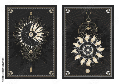 Vector dark illustrations with sacred geometry symbols, grunge textures and frames.  Images in black, white and gold.