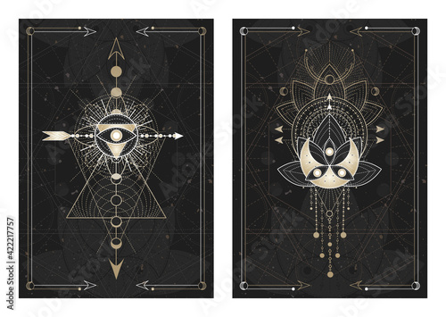 Vector dark illustrations with sacred geometry symbols, grunge textures and frames.  Images in black, white and gold.