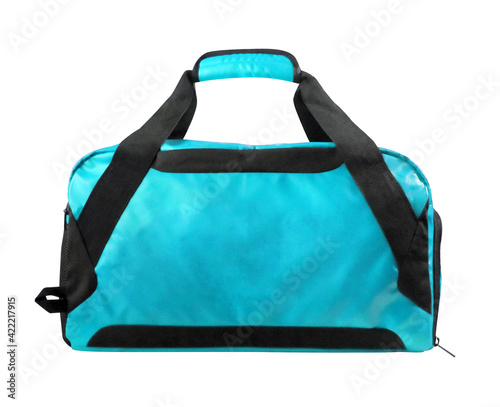 Big duffle bag, cyan sport gym pouch with shoulder strap isolated on white background
