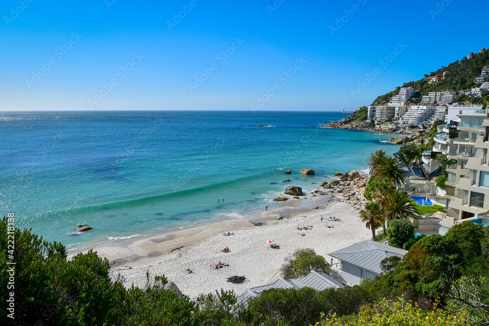 Clifton beach and coastline with appartement buildings and holiday resorts, Cape Town South Africa