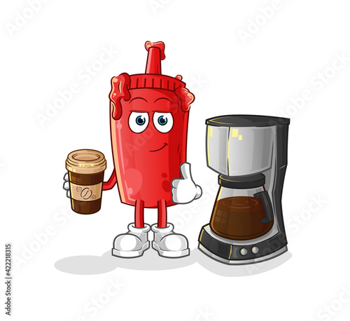 tomato sauce drinking coffee illustration. character vector