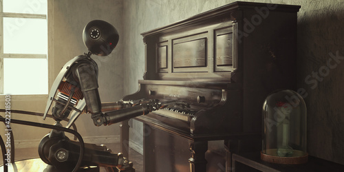 Robot Nestor is playing piano in post apocalyptic world, 3d rendering  photo