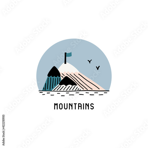 Logotype of mountains. Simple vector flat illustration with hills, flag, and birds