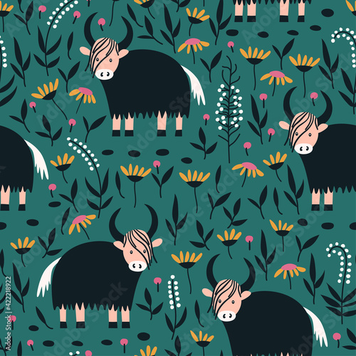 Cute seamless pattern with yaks and flowers. Simple childish flat vector illustration with mountain animals