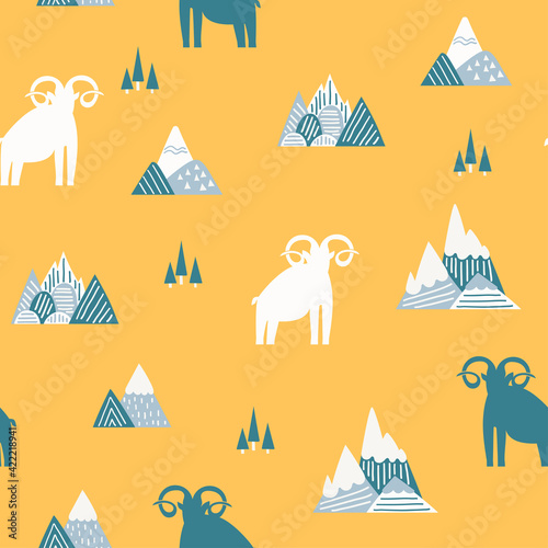 Colorful seamless pattern with mountain rams and fir trees. Simple childish flat vector illustration with argali on yellow background