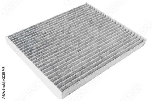 Car cabin charcoal air filter isolated on white background. Carbon car air filter isolated on white. Quality spare parts for car service or maintenance