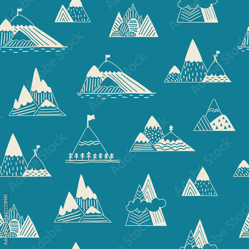 Seamless pattern with outlines of mountains on blue background. Vector illustration with hills for wallpaper, wrapping paper, surface design