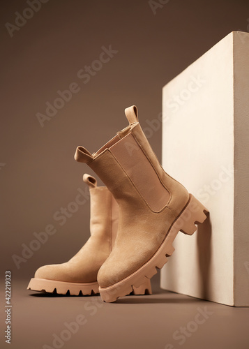 Fashionable comfortable chelsea shoes. boots still life