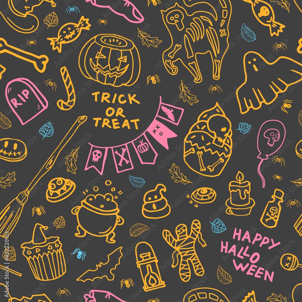 Seamless Pattern with Halloween attributes on gray background. Vector illustration. Cookie, ghost, bones, bat, skeleton, balloons, broom, pumpkin, cat, sweets. Paper and textile design. Trick or treat