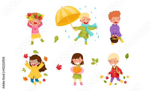 Children Characters Walking with Umbrella Among Autumn Leaves and Picking Mushrooms Vector Illustration Set