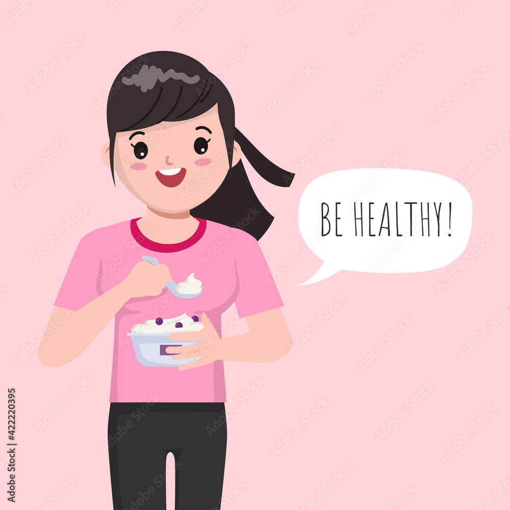 Vector Illustration of Cartoon Cute Girl eating yogurt for healthy. Vector Illustration of Cartoon Cute Girl eating yogurt for healthy.