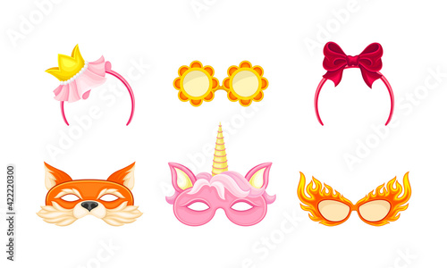 Carnival or Party Headband and Masks with Unicorn and Fox Muzzle Vector Set