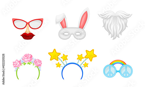 Carnival or Party Headband and Masks with Beard and Hare Vector Set