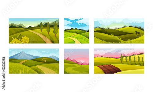 Green Landscapes with Hills and Clear Sky Vector Illustration Set