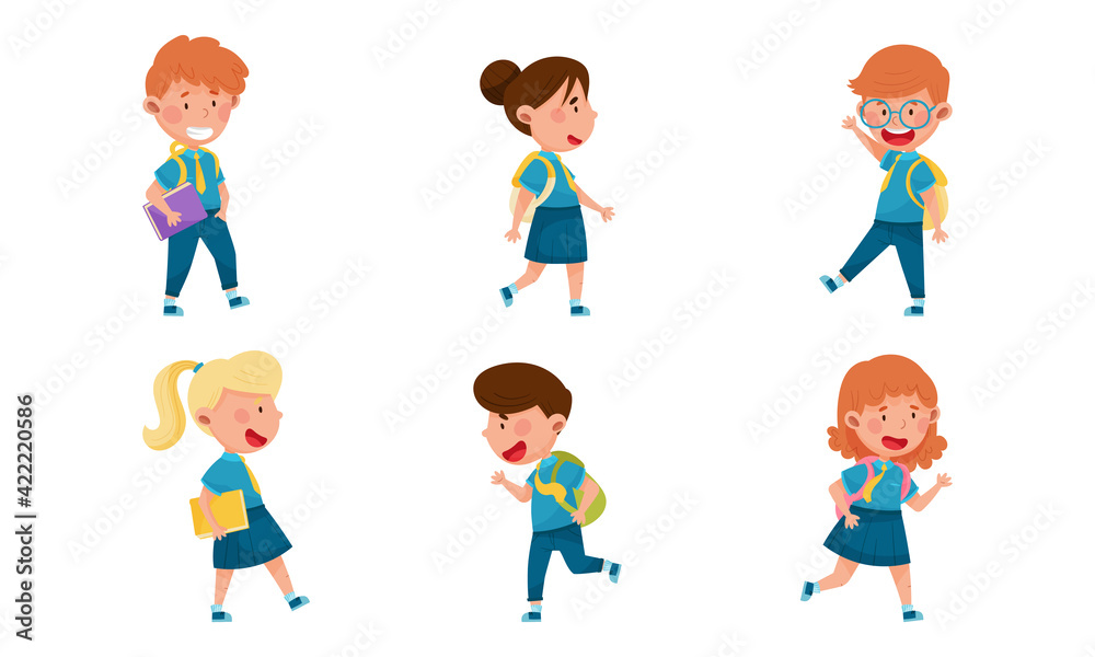 Boy and Girl Characters Wearing School Uniform and Backpack Walking and Running to School Vector Illustration Set